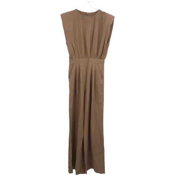 NONchalant Label Josie Jumpsuit S Sleeveless Padded Keyhole Pocket Pleated Camel - Picture 3 of 9